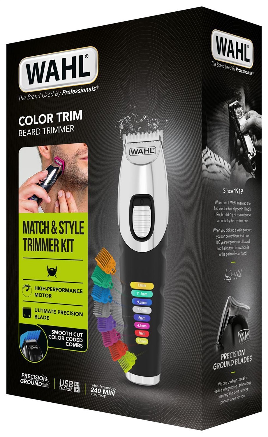 Wahl Color Trim - Regolabarba con Lame in Acciaio Inossidabile, Alimentazione CA/Batteria, 240 Minuti di Funzionamento, Pettini Guida Codificati a Colori, Lunghezza Massima di Taglio 1,3 cm, Nero