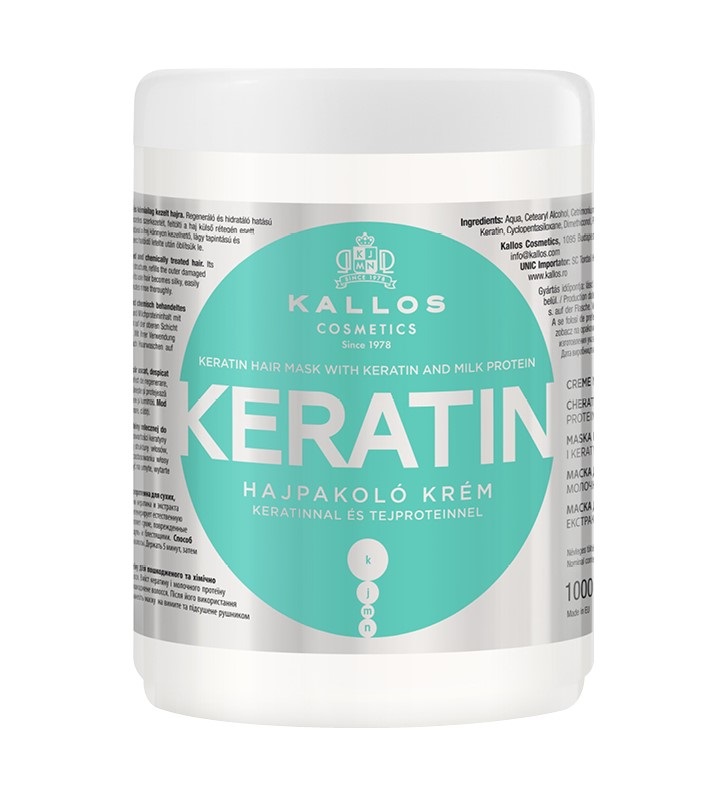 Kallos Keratin Hair Mask 1000ml - Maschera Rigenerante per Capelli con Cheratina e Proteine del Latte per Donna