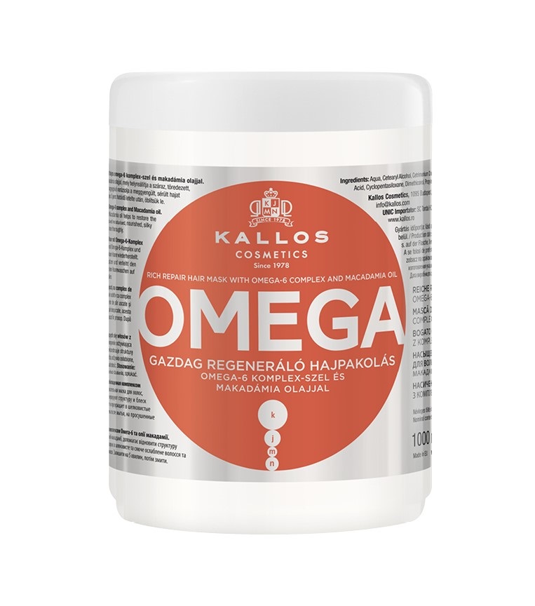 Kallos Cosmetics Omega Rich Repair Hair Mask 1000 ml - Maschera Rigenerante per Capelli con Omega-6 e Olio di Macadamia per Donna