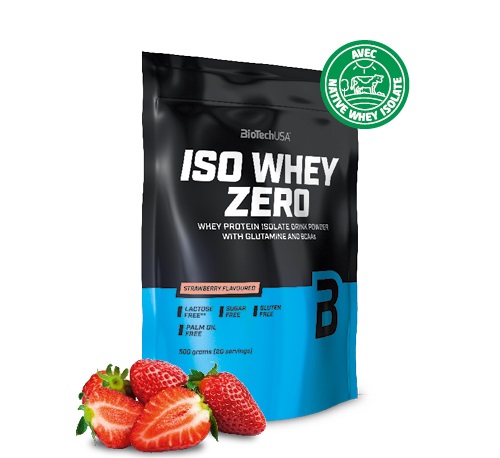 Biotech USA Iso Whey Zero 500g Fragola - Isolato di Proteine del Siero Senza Zucchero e Senza Glutine