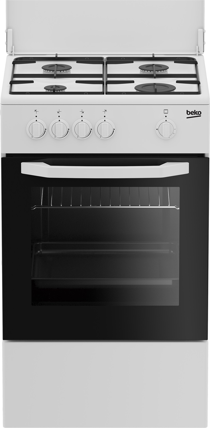 Beko Cucina a Gas CSG42009DW, 50x50 cm, Bianco, Forno a gas con grill, Piano cottura a gas 4 zone, Coperchio in metallo