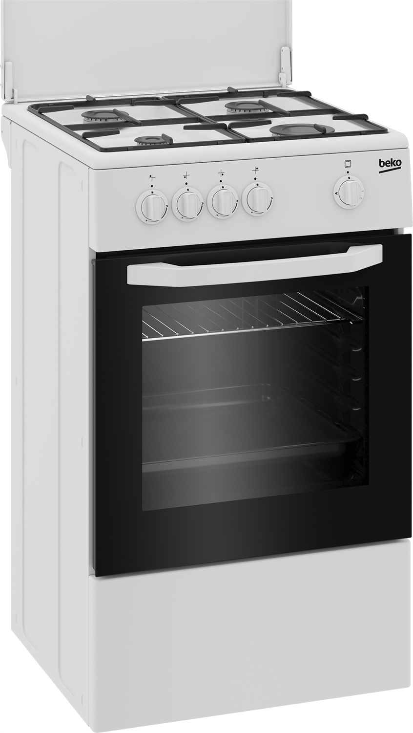 Beko Cucina a Gas CSG42009DW, 50x50 cm, Bianco, Forno a gas con grill, Piano cottura a gas 4 zone, Coperchio in metallo