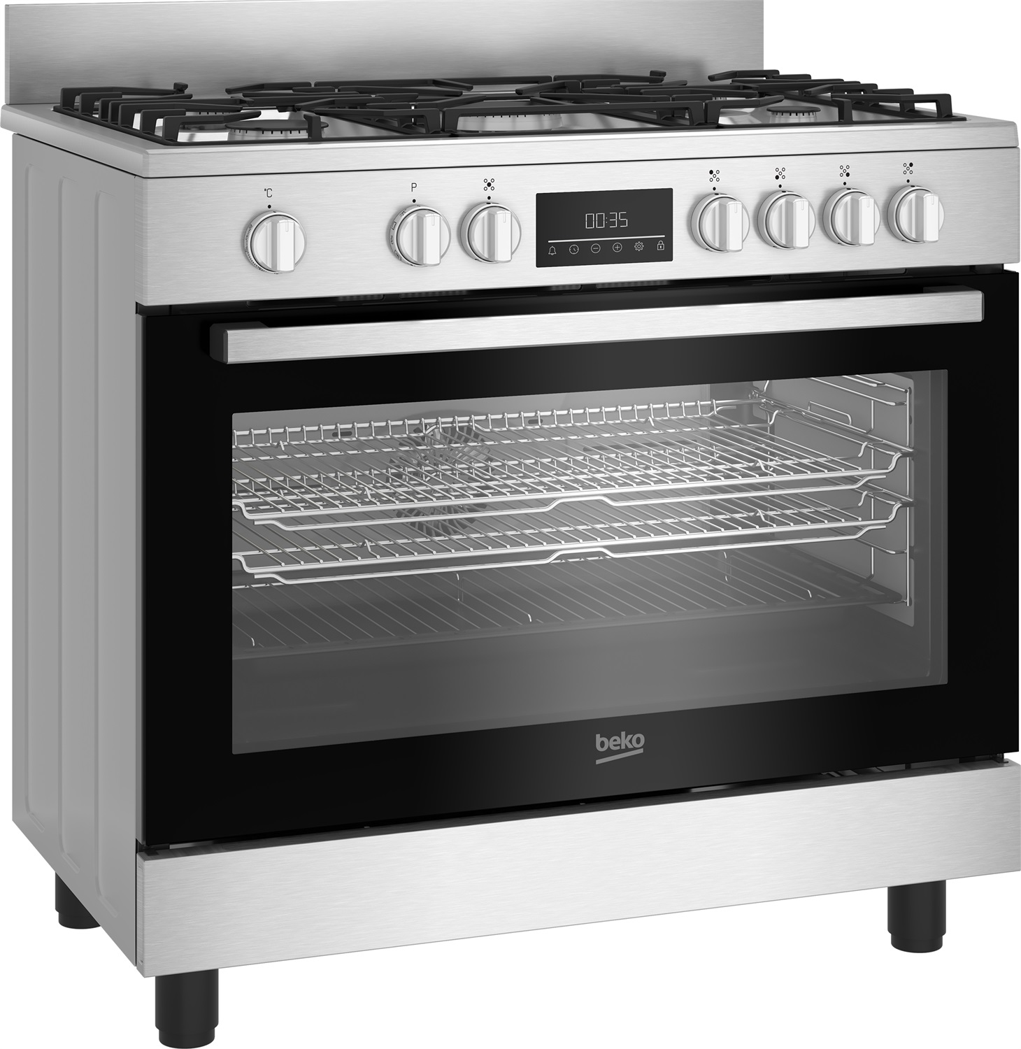 Beko BGM11226EX Cucina a Gas con Forno Elettrico Termoventilato, 5 Fuochi, 90x60 cm, Grill Elettrico, Classe A , Finitura Inox
