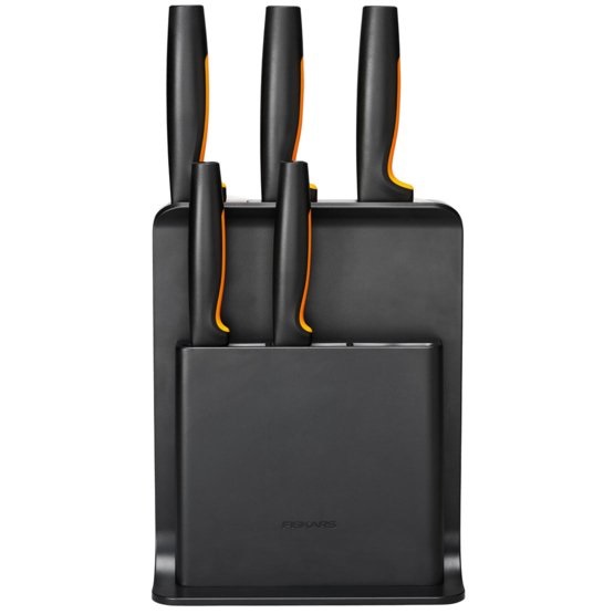 Fiskars Ceppo per Coltelli Functional Form con 5 Coltelli in Plastica Nero - Inclusi Spelucchino, Coltello per Pomodoro, Coltello Santoku, Coltello da Cucina e Coltello per Pane