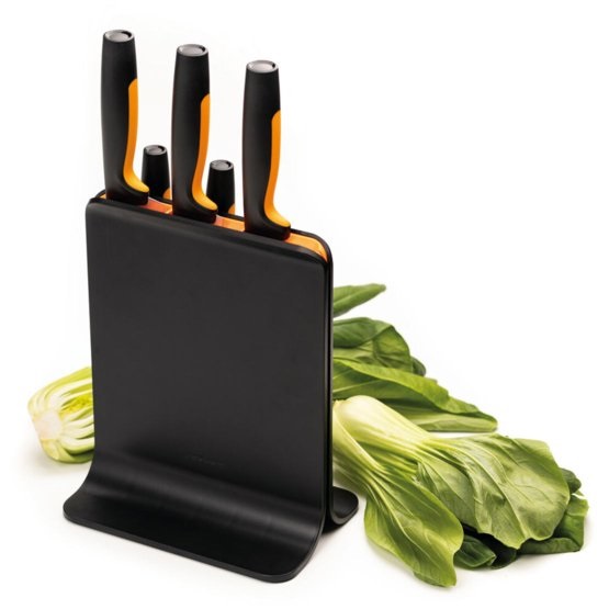 Fiskars Ceppo per Coltelli Functional Form con 5 Coltelli in Plastica Nero - Inclusi Spelucchino, Coltello per Pomodoro, Coltello Santoku, Coltello da Cucina e Coltello per Pane