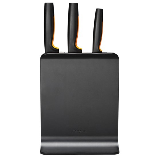 Fiskars Ceppo per Coltelli Functional Form con 3 Coltelli (Spelucchino, Coltello Santoku, Coltello da Cuoco) in Plastica Nera