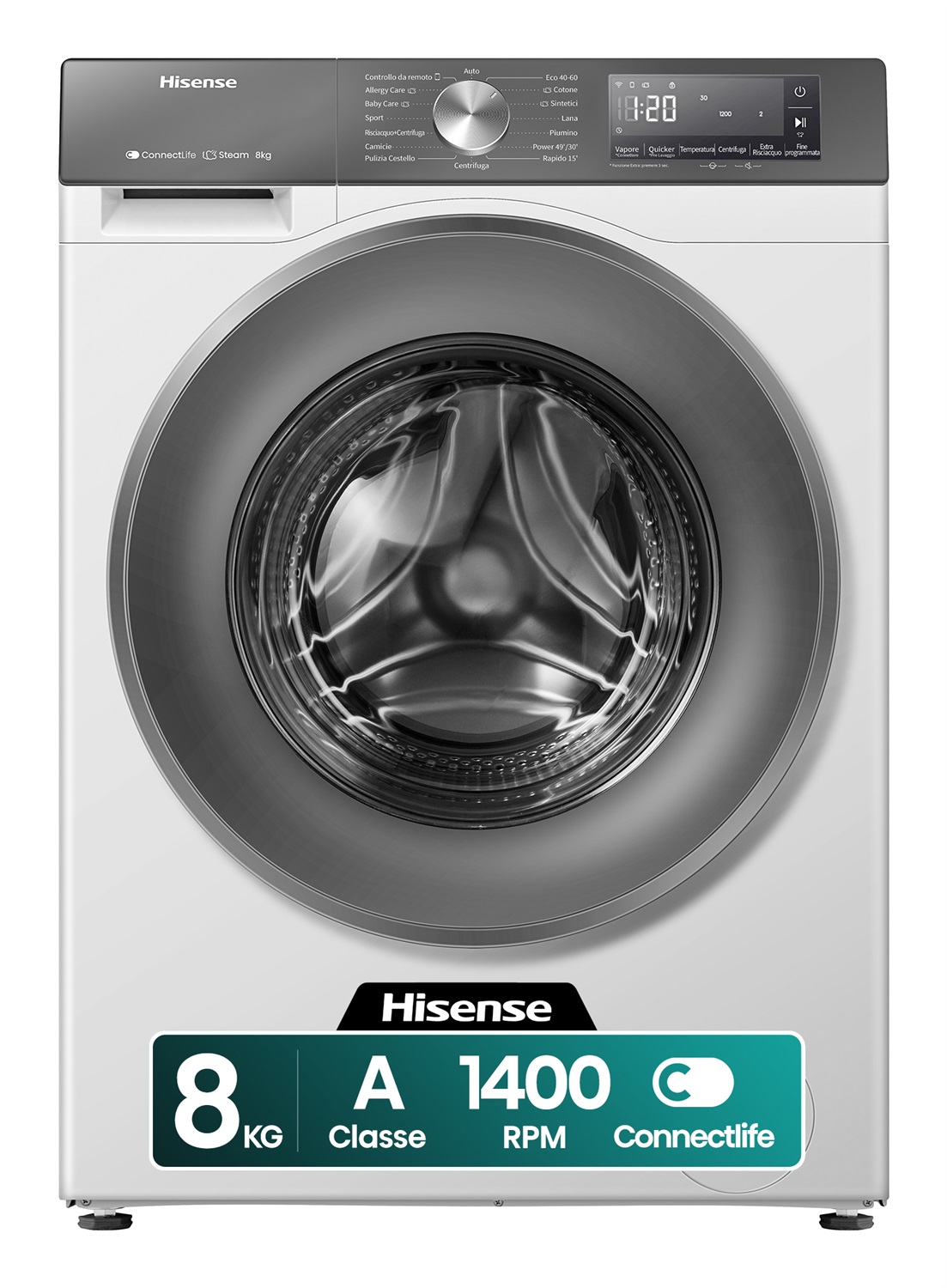 Hisense WF3S8043BW7 Lavatrice Caricamento Frontale 8 kg Classe A WiFi Motore Inverter 1400 Giri/min Autolavaggio