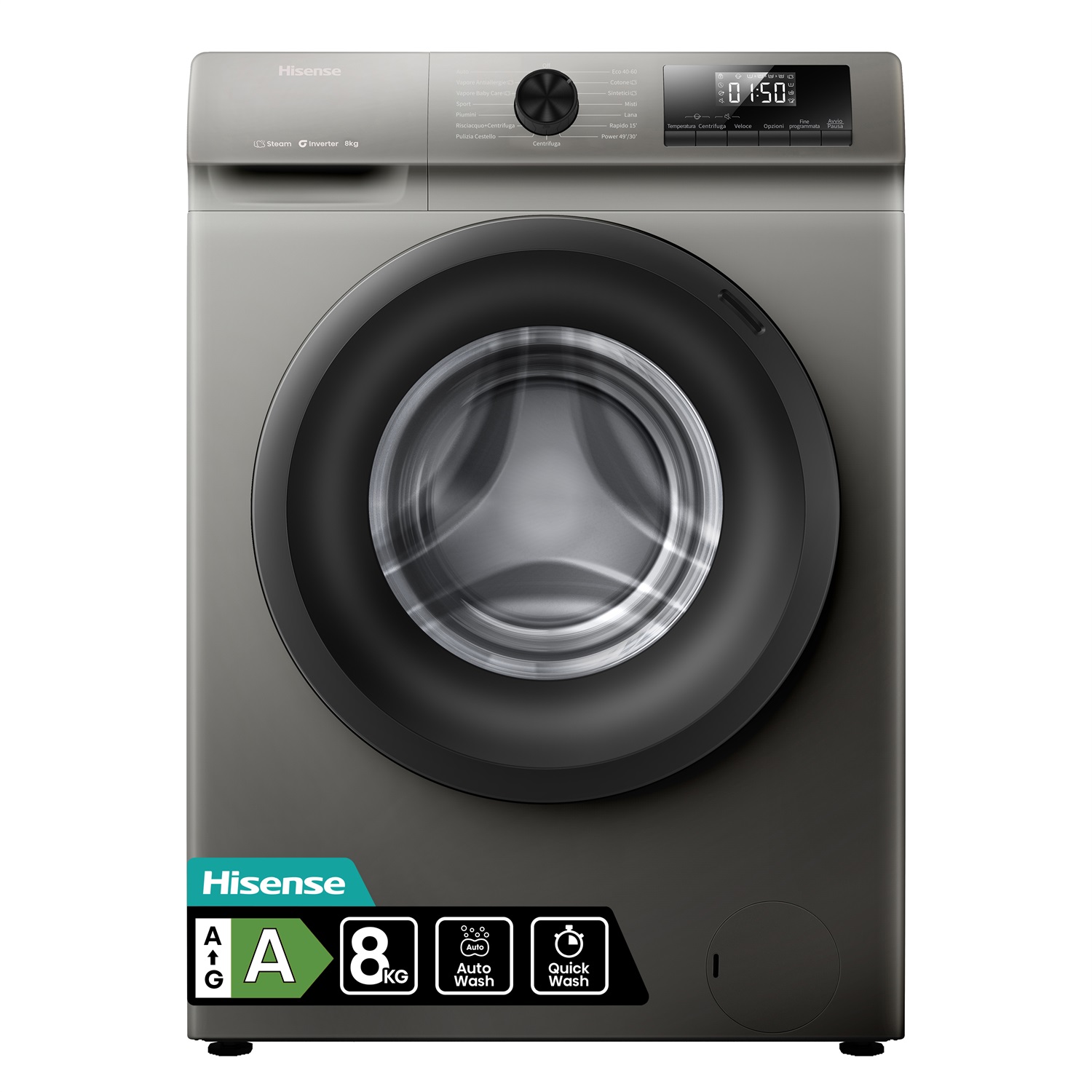 Hisense WF1Q8041BT - Lavatrice a Carica Frontale 8 Kg, 1400 Giri/min, Classe A-20%, 15 Programmi, Vapore, Display LED, Programma Rapido, Partenza Ritardata, Child Lock, Grigio