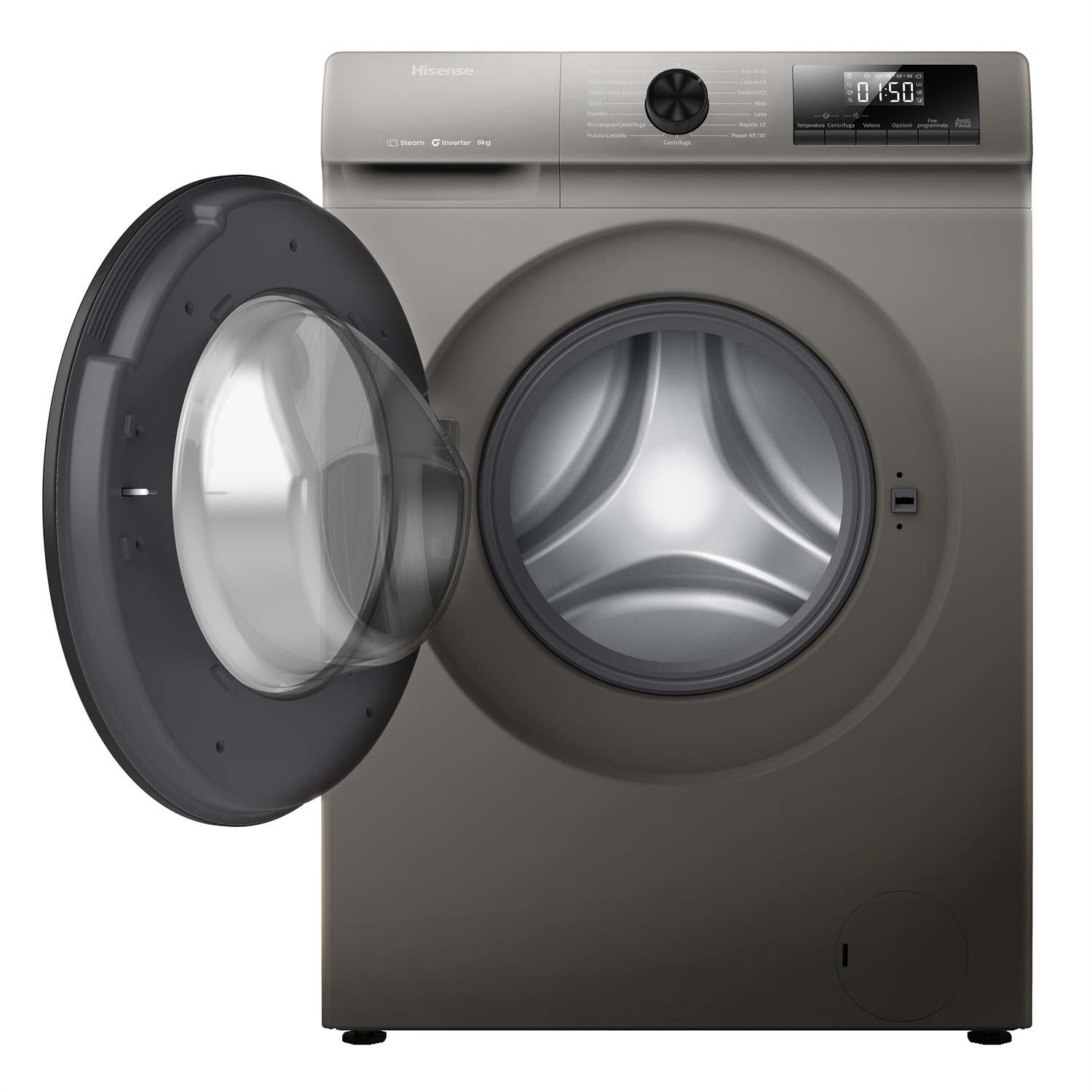 Hisense WF1Q8041BT - Lavatrice a Carica Frontale 8 Kg, 1400 Giri/min, Classe A-20%, 15 Programmi, Vapore, Display LED, Programma Rapido, Partenza Ritardata, Child Lock, Grigio