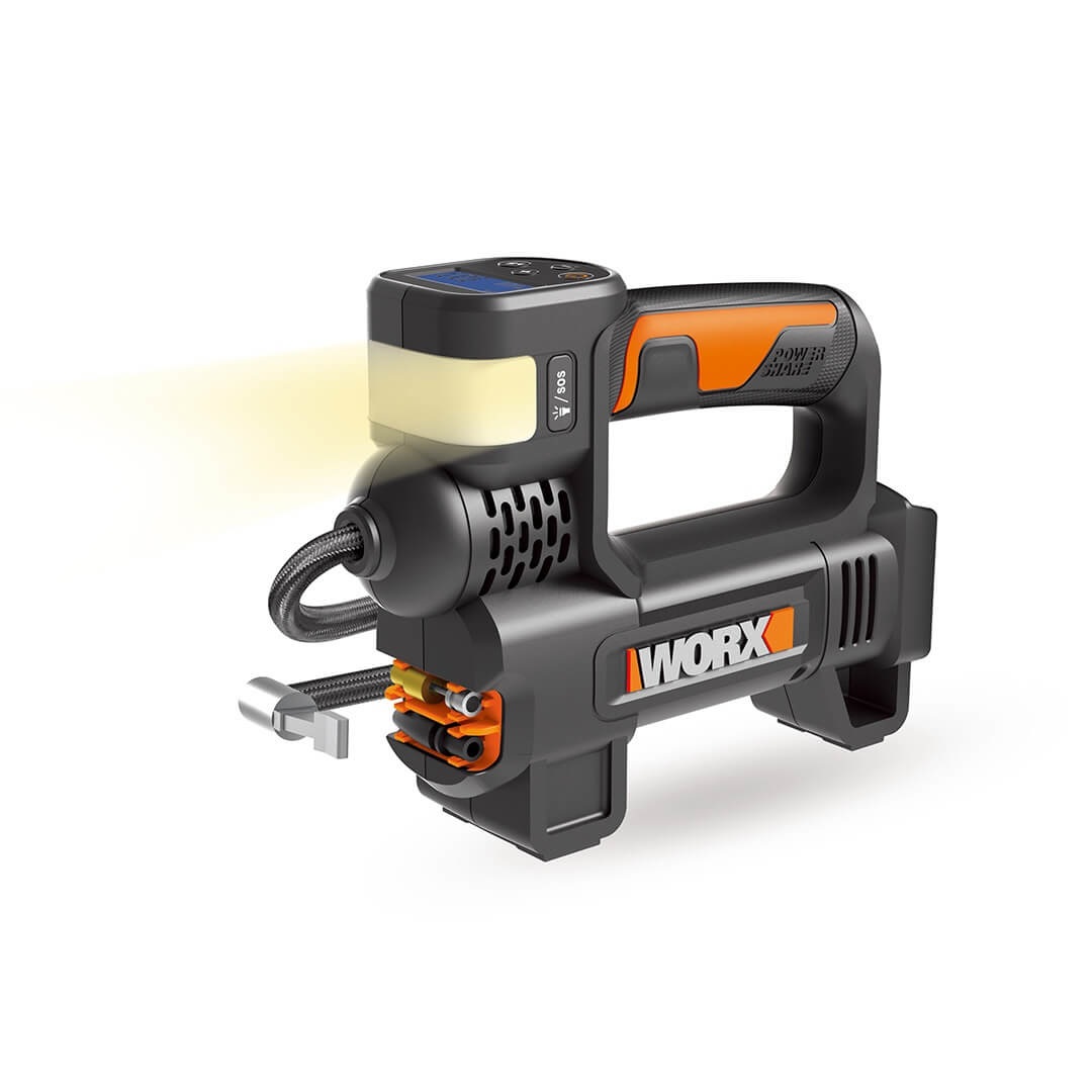 WORX Mini Compressore con Torcia 20V WX092.9 - Gonfiatore Portatile per Pneumatici e Piccoli Gonfiabili, Schermo LED e Spegnimento Automatico