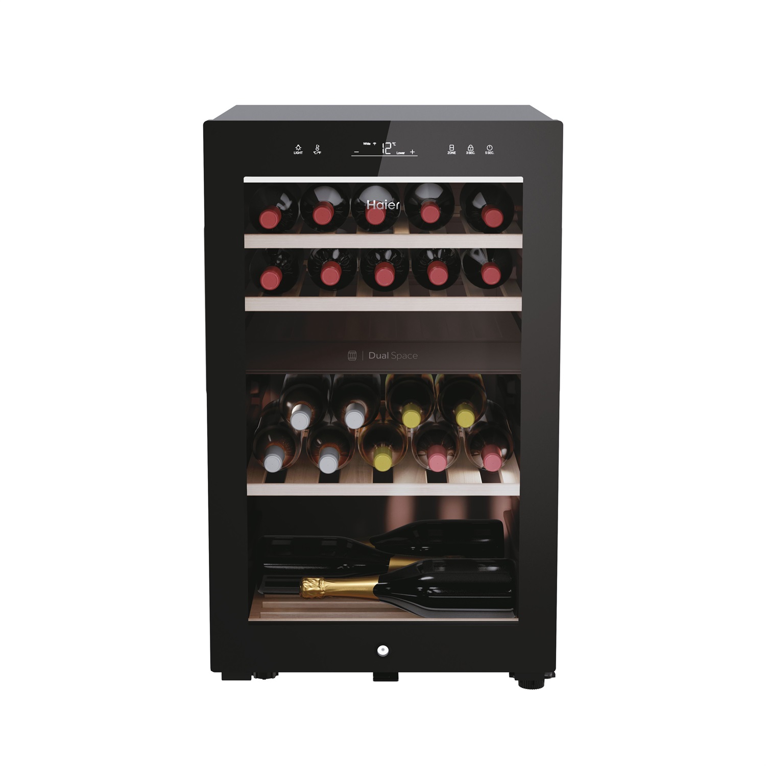 Haier Wine Bank 50 HWS42GDAU1 Cantinetta Vino 42 Bottiglie con Compressore, Doppia Zona di Temperatura, Wi-Fi, Vetro Anti-UV, Ripiani in Legno, Classe G, Libera Installazione, Nero