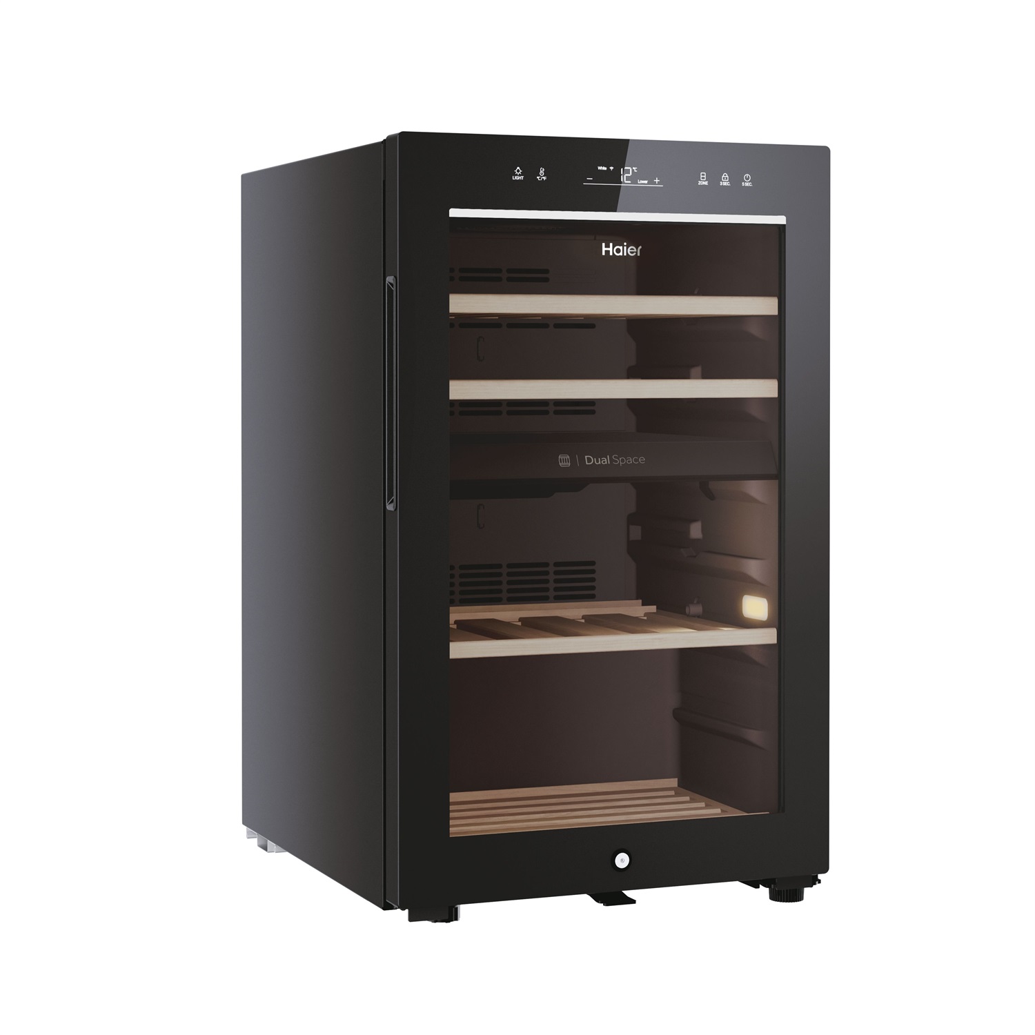 Haier Wine Bank 50 HWS42GDAU1 Cantinetta Vino 42 Bottiglie con Compressore, Doppia Zona di Temperatura, Wi-Fi, Vetro Anti-UV, Ripiani in Legno, Classe G, Libera Installazione, Nero