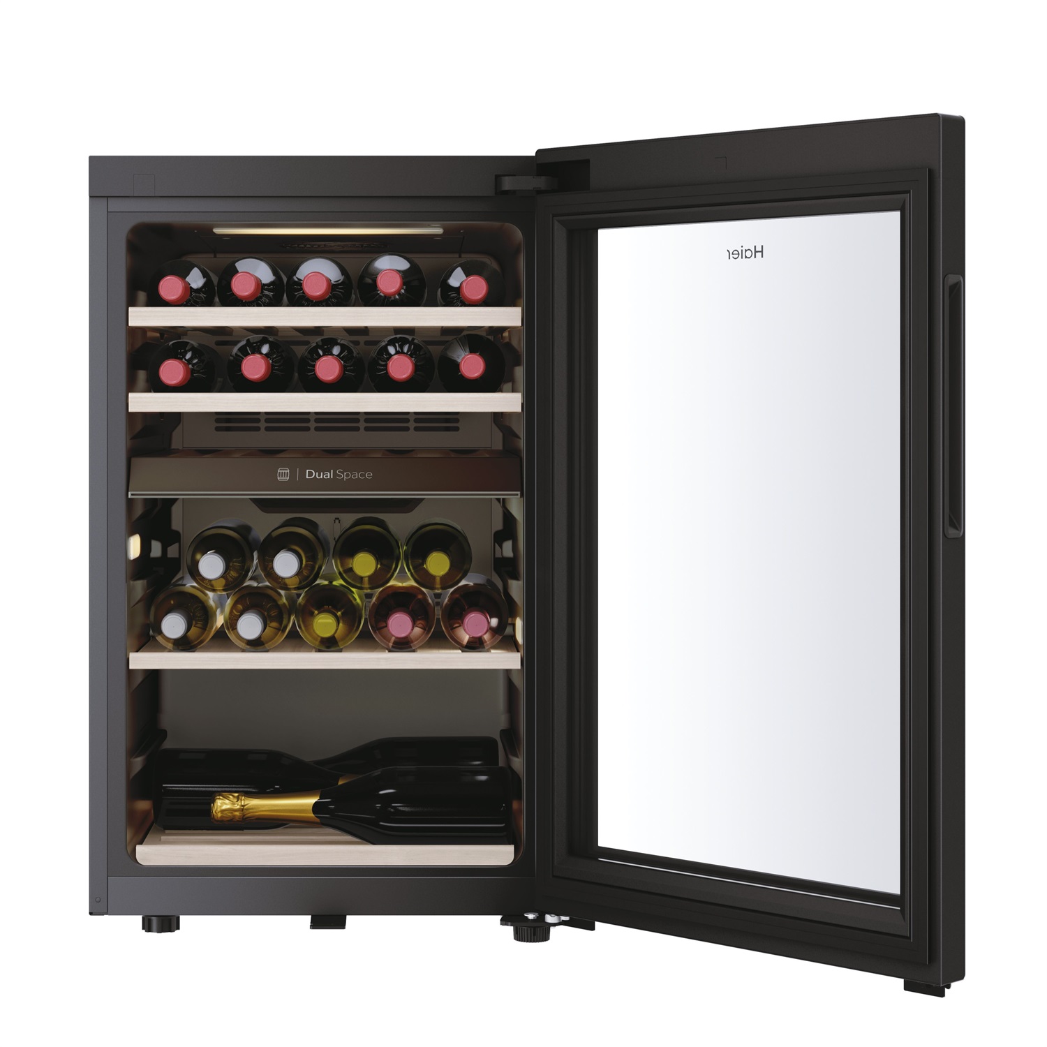 Haier Wine Bank 50 HWS42GDAU1 Cantinetta Vino 42 Bottiglie con Compressore, Doppia Zona di Temperatura, Wi-Fi, Vetro Anti-UV, Ripiani in Legno, Classe G, Libera Installazione, Nero
