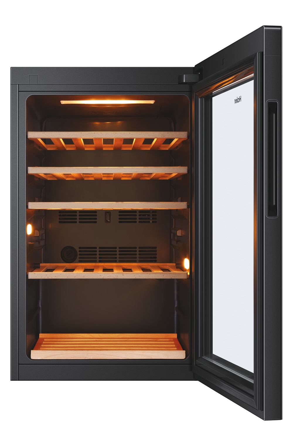 Haier HWS49GA Wine Bank 50 Serie 5 - Cantinetta Vino Libera Installazione 49 Bottiglie, Classe Energetica F, Ripiani 4 1, Sistema Luci 3D, Colore Nero