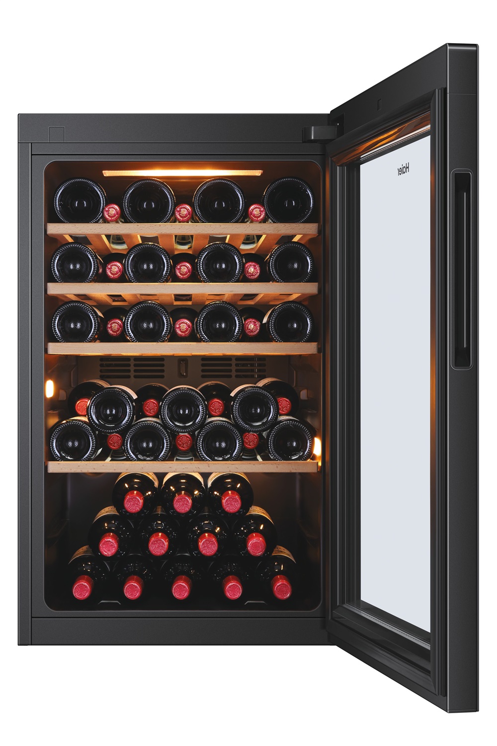 Haier HWS49GA Wine Bank 50 Serie 5 - Cantinetta Vino Libera Installazione 49 Bottiglie, Classe Energetica F, Ripiani 4 1, Sistema Luci 3D, Colore Nero