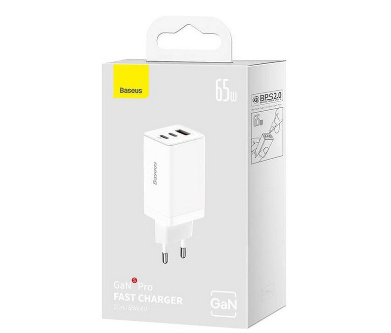 Baseus GaN5 Pro Caricatore Universale 65W Bianco con USB-C, Ricarica Rapida QC, AFC e PD