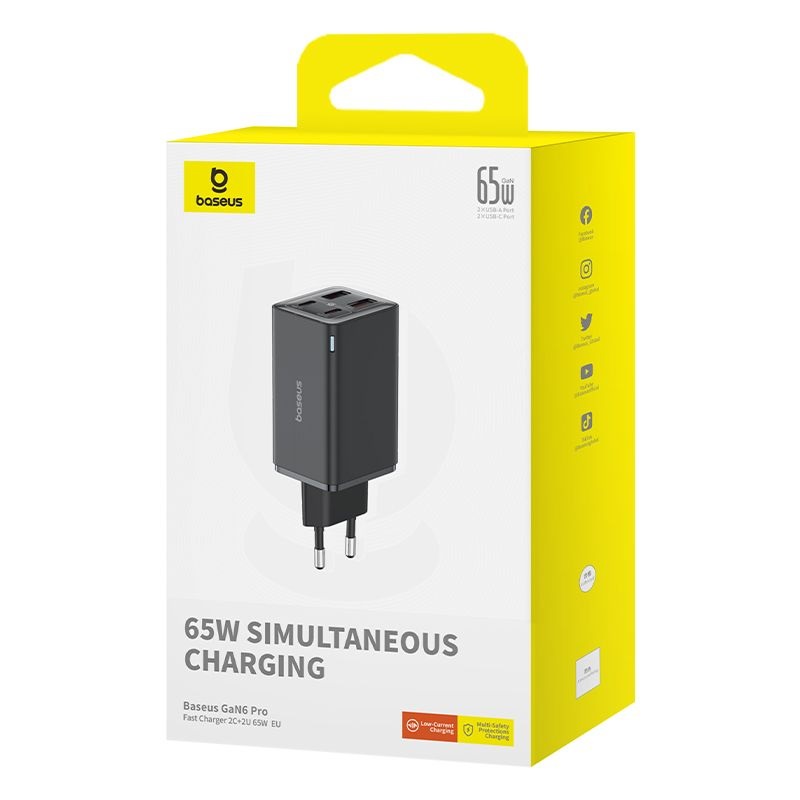 Baseus GAN6 Pro Caricabatterie Rapido 65W con 2x USB-C e 2x USB-A, Nero