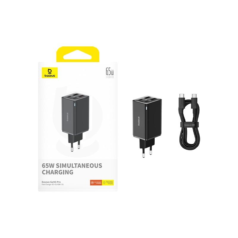 Baseus GAN6 Pro Caricabatterie Rapido 65W con 2x USB-C e 2x USB-A, Nero