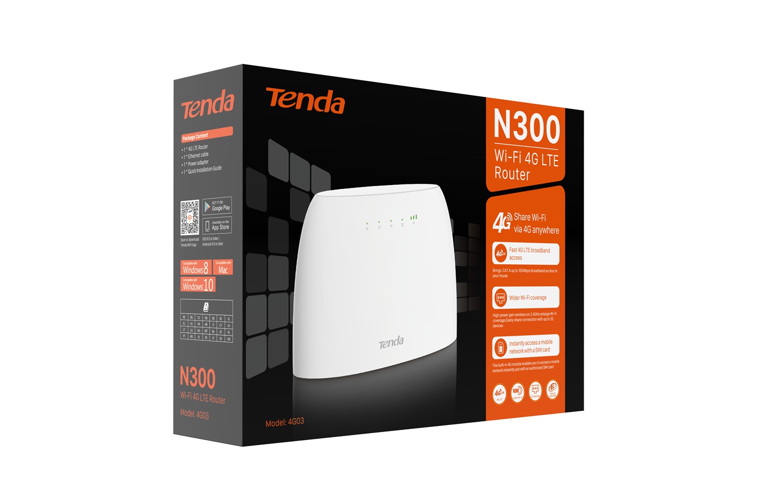 Tenda 4G03 Router Wireless 4G LTE N300 fino a 150 Mbps con Slot per SIM, Banda Singola (2.4 GHz), 1x Gigabit Ethernet LAN, Collega fino a 32 Dispositivi