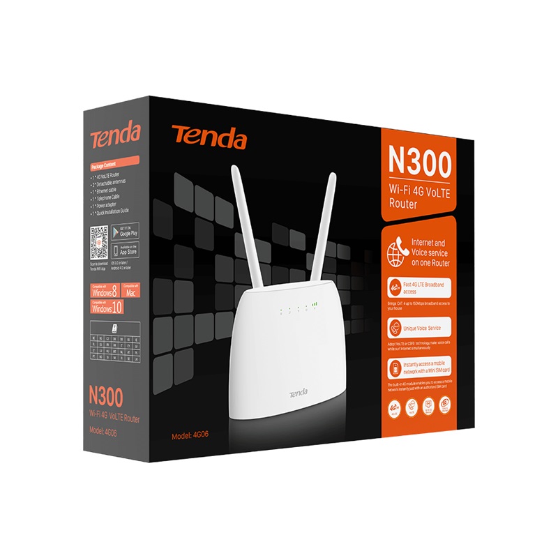 Tenda 4G06 N300 Router Wireless 4G VoLTE, Wi-Fi 4 (802.11n), Banda Singola (2.4 GHz), 150 Mbps, Connettività Fino a 32 Dispositivi, Antenne Rimovibili, Bianco