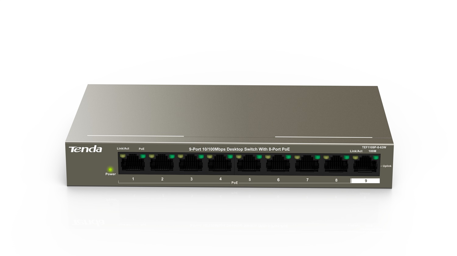 Tenda TEF1109P-8-63W Switch di rete 9 Porte con 8 Porte PoE 10/100 Mbps - 63W, Chassis in Metallo, Protezione Antifulmine