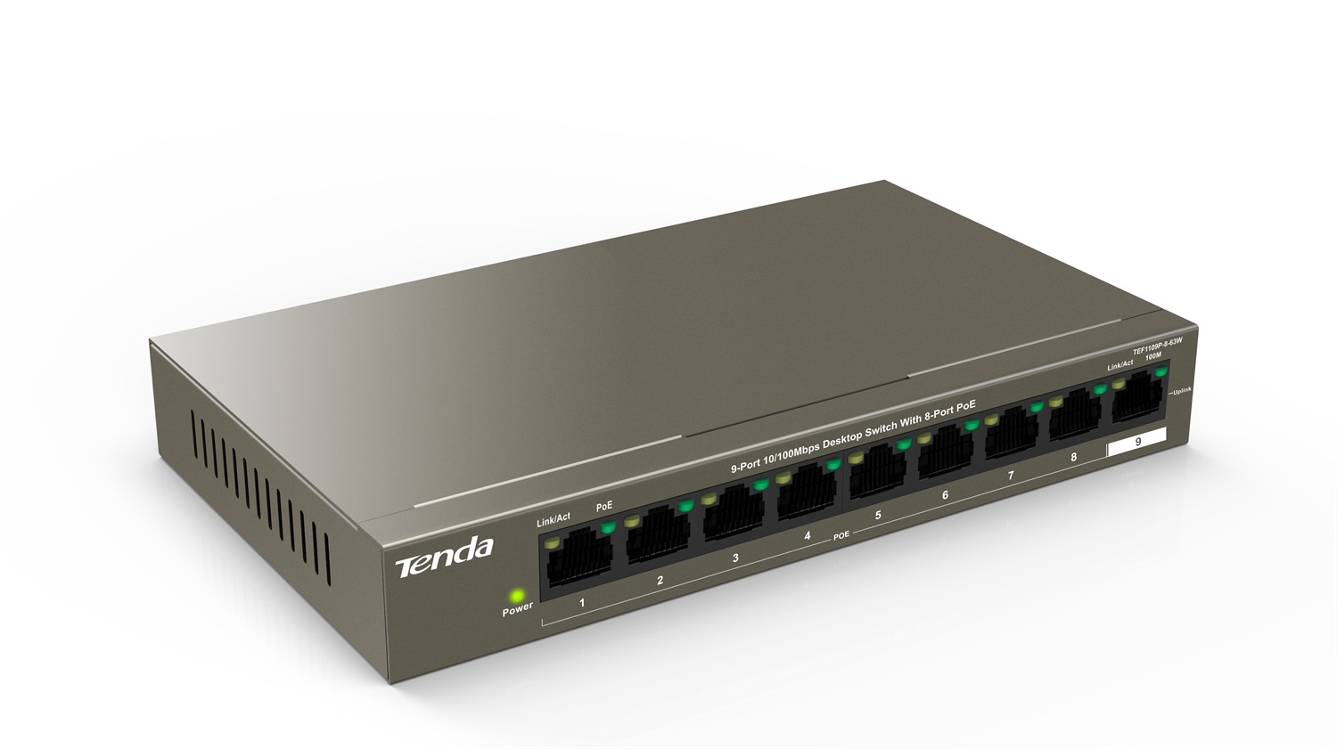 Tenda TEF1109P-8-63W Switch di rete 9 Porte con 8 Porte PoE 10/100 Mbps - 63W, Chassis in Metallo, Protezione Antifulmine