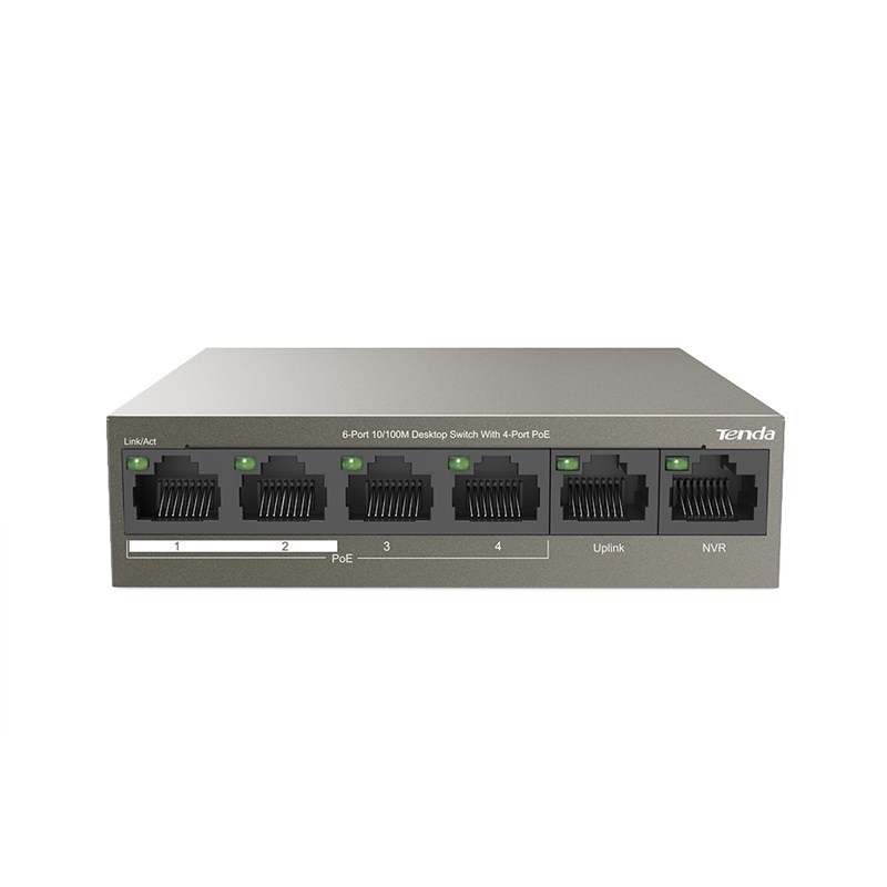 Tenda TEF1106P-4-63W Switch PoE 6 Porte 10/100 Mbps con 4 Porte PoE e 2 Uplink, Potenza Totale 63W