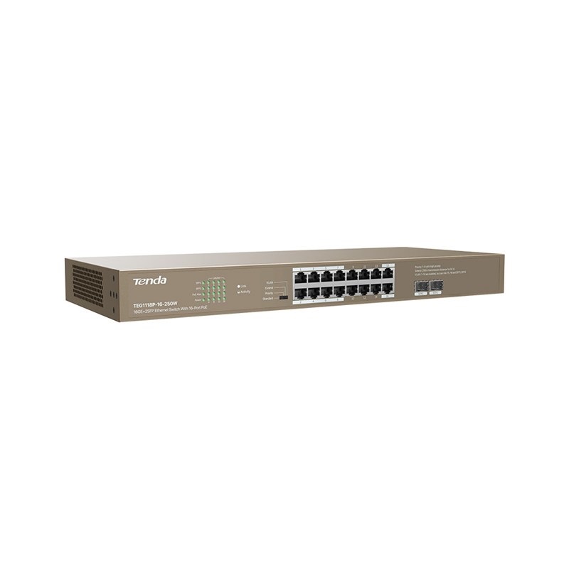 Tenda TEG1118P-16-250W Switch Non Gestito 16 Porte Gigabit Ethernet PoE 250W con 2 Porte SFP