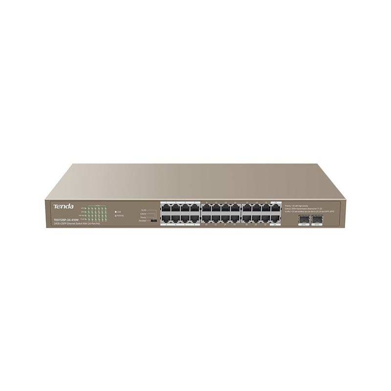Tenda TEG1126P-24-410W Switch di rete Non gestito 24 Porte Gigabit Ethernet (10/100/1000) con 2 Porte SFP e Supporto Power over Ethernet (PoE) 410W Montaggio Rack 1U