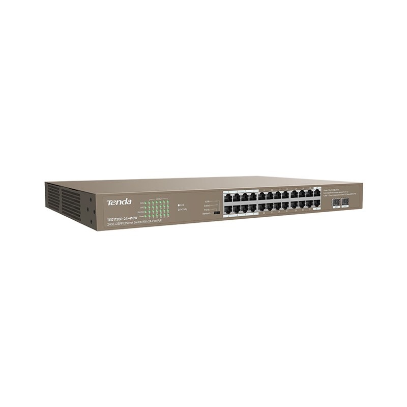 Tenda TEG1126P-24-410W Switch di rete Non gestito 24 Porte Gigabit Ethernet (10/100/1000) con 2 Porte SFP e Supporto Power over Ethernet (PoE) 410W Montaggio Rack 1U