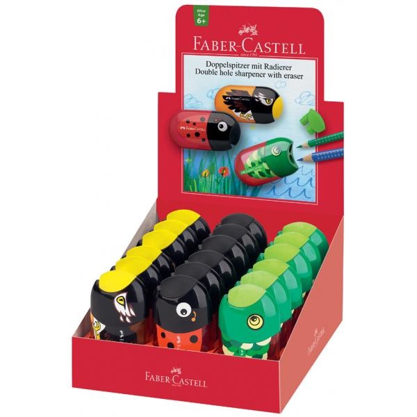Faber-Castell Temperamatite Manuale 183522 Ergo Animals a 2 Fori con Gomma Incorporata - Design Coccinella, Pesce, Aquila