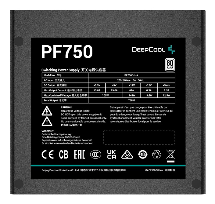 DeepCool PF750 Alimentatore 750 W 20 4 pin ATX Nero 80 Plus, Efficienza 85%, 230 V