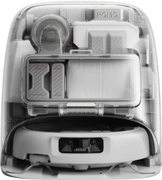 DJI ROMO P Robot Aspirapolvere Lavapavimenti con Mappatura, 25000 Pa, Rilevamento Ostacoli a Livello di Drone, Antigroviglio, Stazione Base Autopulente, 200 Giorni senza Manutenzione, Design Trasparente