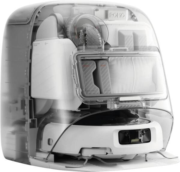 DJI ROMO P Robot Aspirapolvere Lavapavimenti con Mappatura, 25000 Pa, Rilevamento Ostacoli a Livello di Drone, Antigroviglio, Stazione Base Autopulente, 200 Giorni senza Manutenzione, Design Trasparente