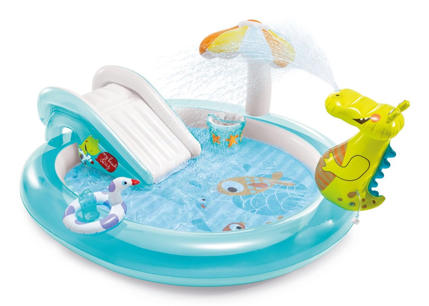 Intex Gator Play Center Piscina Gonfiabile Alligatore con Spruzzo 201x170x84 cm - Capacità 160 L, Mini Scivolo e Irrigatore