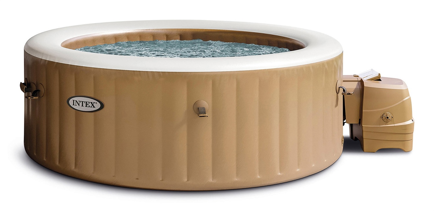 Intex PureSpa Bubble Massage - Vasca Idromassaggio Gonfiabile 4 Posti, 196x71 cm, 120 Getti, Riscaldatore, PVC Beige