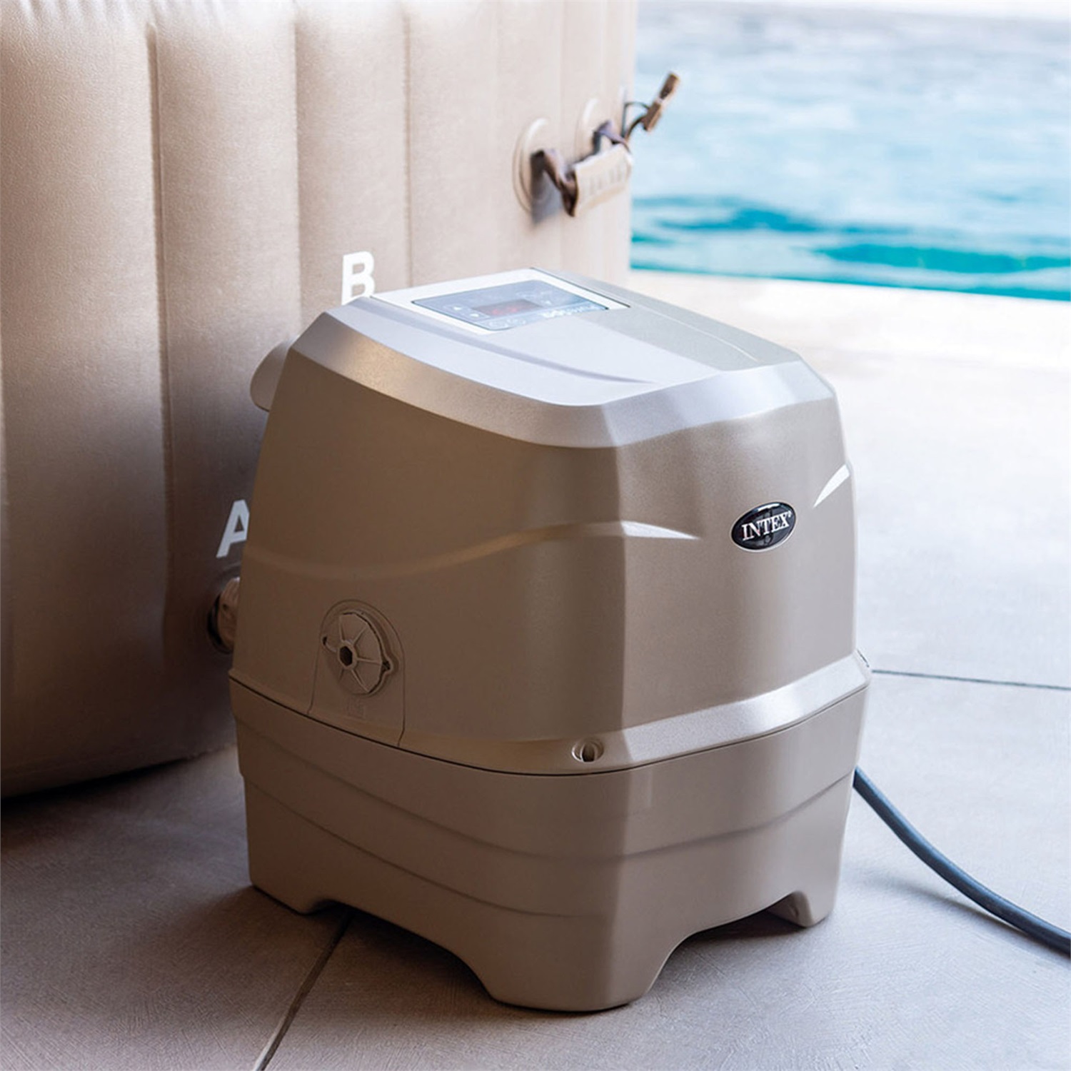 Intex PureSpa Bubble Massage - Vasca Idromassaggio Gonfiabile 4 Posti, 196x71 cm, 120 Getti, Riscaldatore, PVC Beige