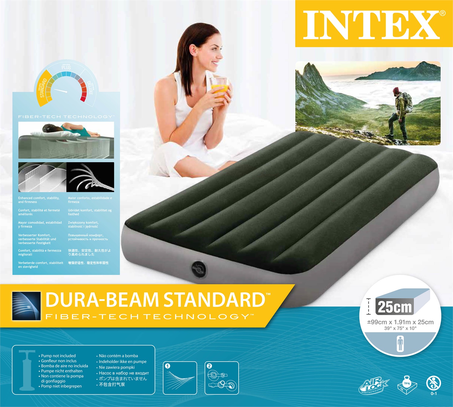 Intex Materasso Gonfiabile Prestige Downy Singolo Verde Scuro 99x191x25 cm con Tecnologia Fiber-Tech