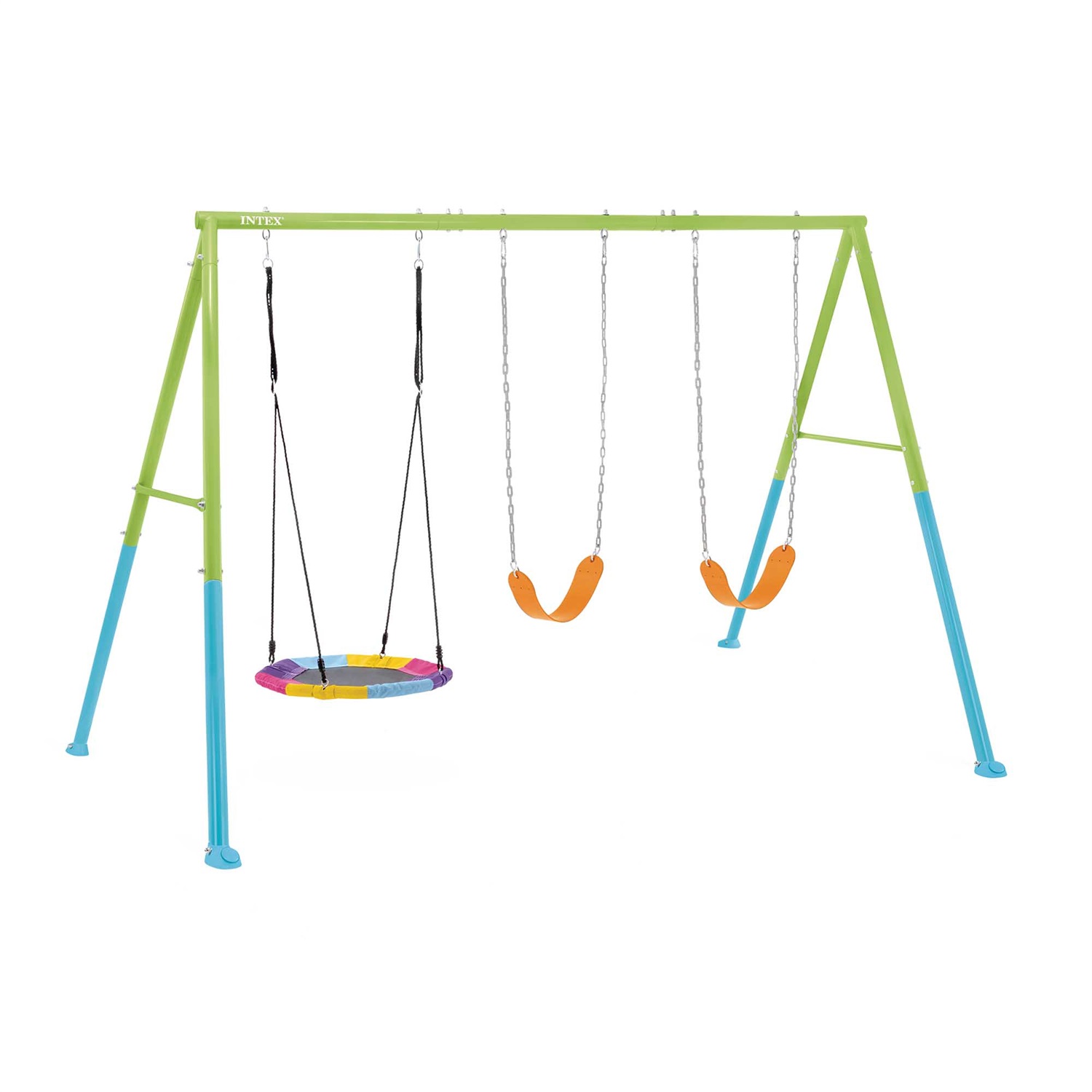 Intex 44133 - Altalena da Giardino in Acciaio con Due Seggiolini e Dondolo a Nido, Verde e Azzurro, 343x235x200 cm, Peso massimo 200 Kg