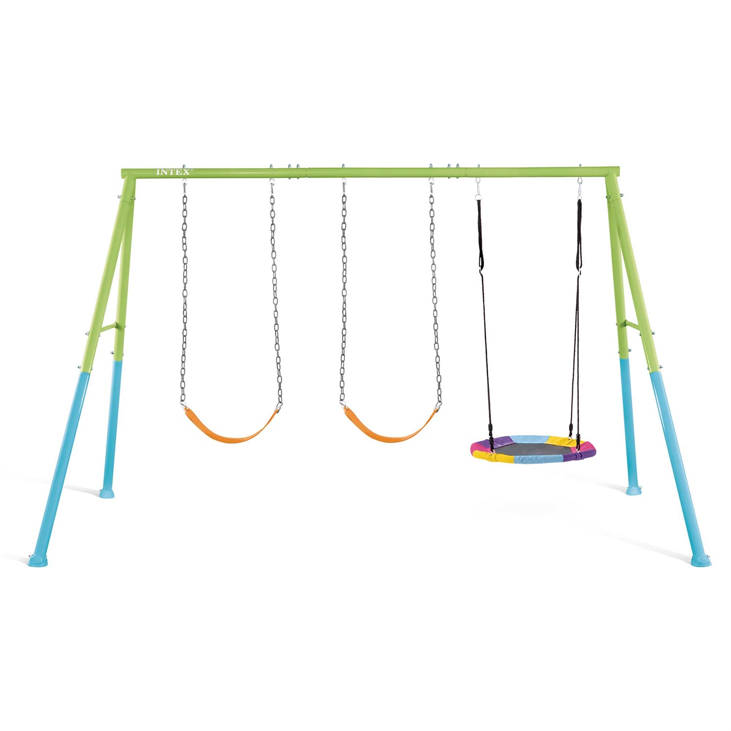 Intex 44133 - Altalena da Giardino in Acciaio con Due Seggiolini e Dondolo a Nido, Verde e Azzurro, 343x235x200 cm, Peso massimo 200 Kg