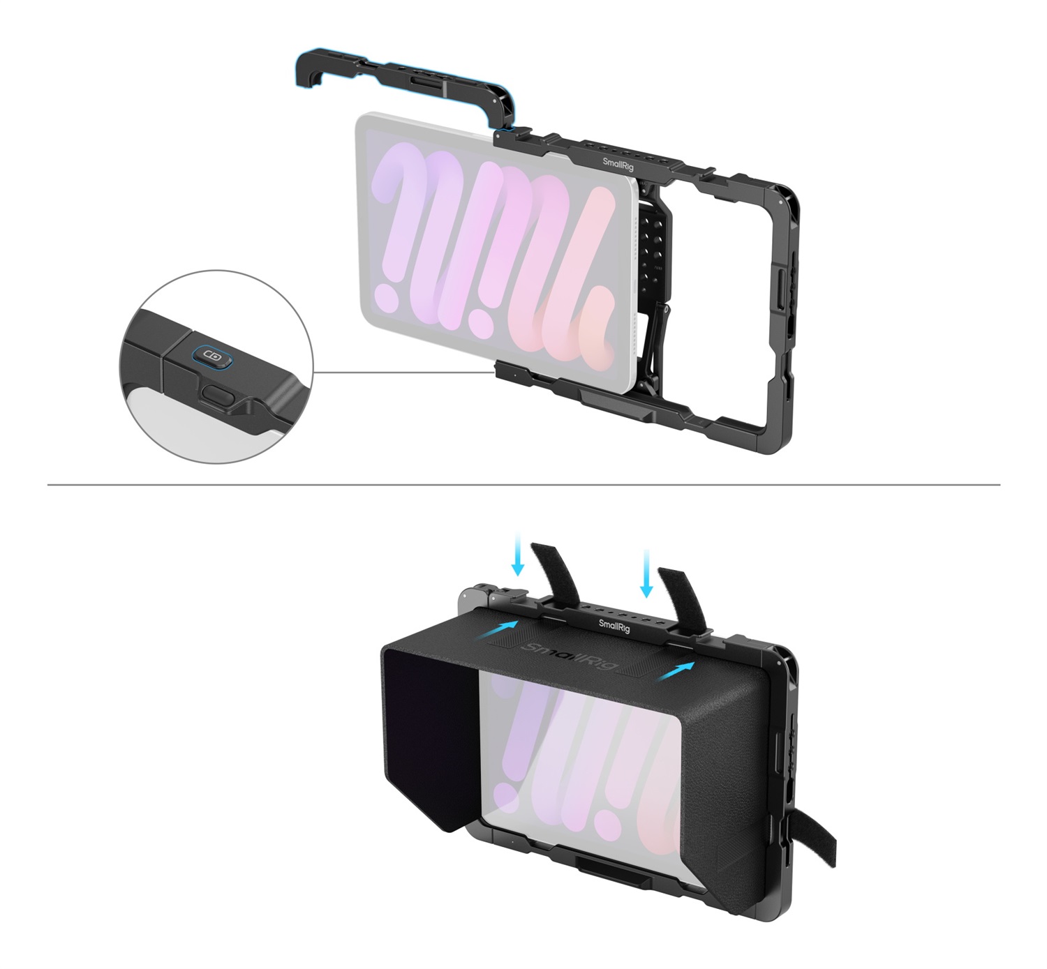 SmallRig Gabbia per iPad mini 6 / A17 Pro con cappuccio parasole staccabile e compatibilità maniglie a sgancio rapido