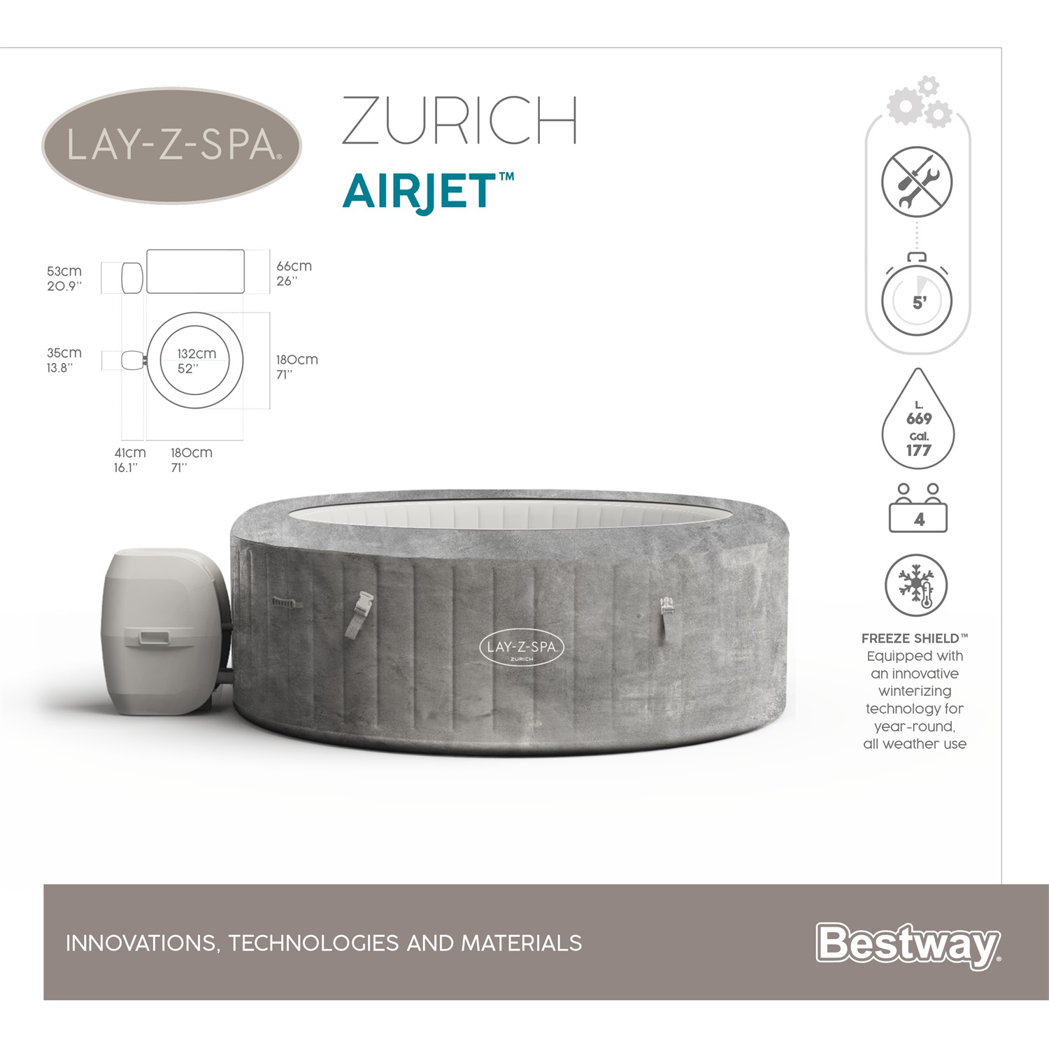 Bestway Lay-Z-Spa 60065 Idromassaggio Gonfiabile Zurich AirJet 180x66 cm per 2-4 Persone - Capacità 669 Litri