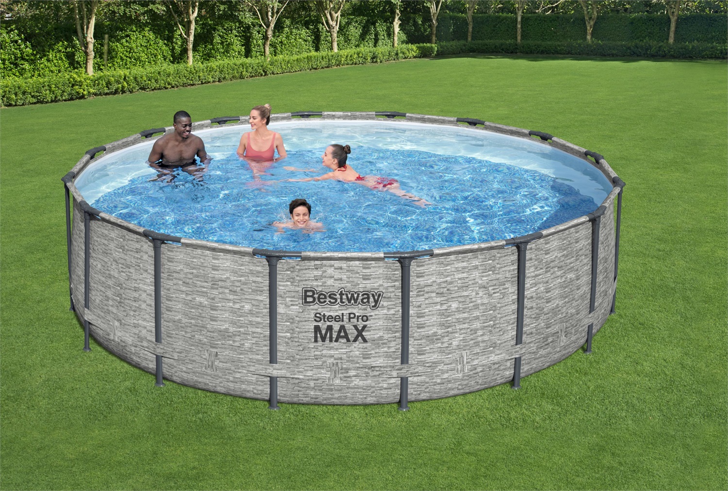 Bestway Piscina Fuori Terra Rotonda Steel Pro Max 488x122 cm - Liner DuraPlus, Telaio Protetto dalla Ruggine, Effetto Pietra, Filtro a Cartuccia e Accessori Inclusi