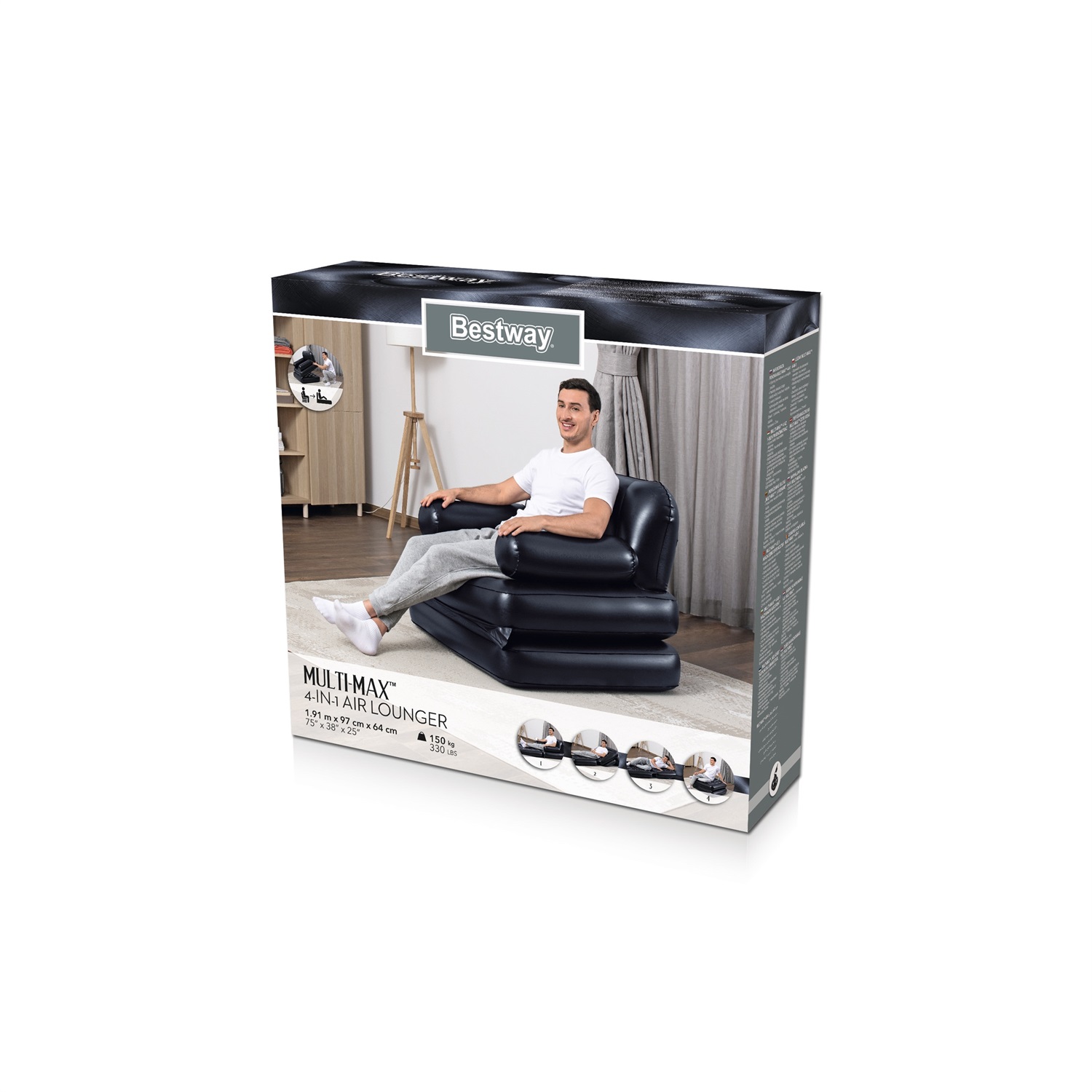 Bestway Poltrona Gonfiabile 4 in 1 Multi-Max Nero - Dimensioni 191x97x64 cm, Design Pieghevole, Valvola a Rilascio Rapido