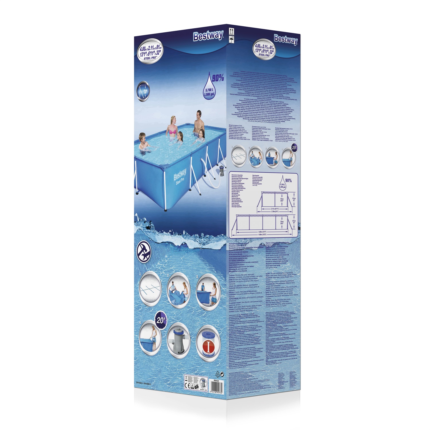 Bestway Piscina Fuori Terra Steel Pro Rettangolare 400x211x81 cm con Pompa Filtro 1249 L/h e Capacità di 5700 Litri