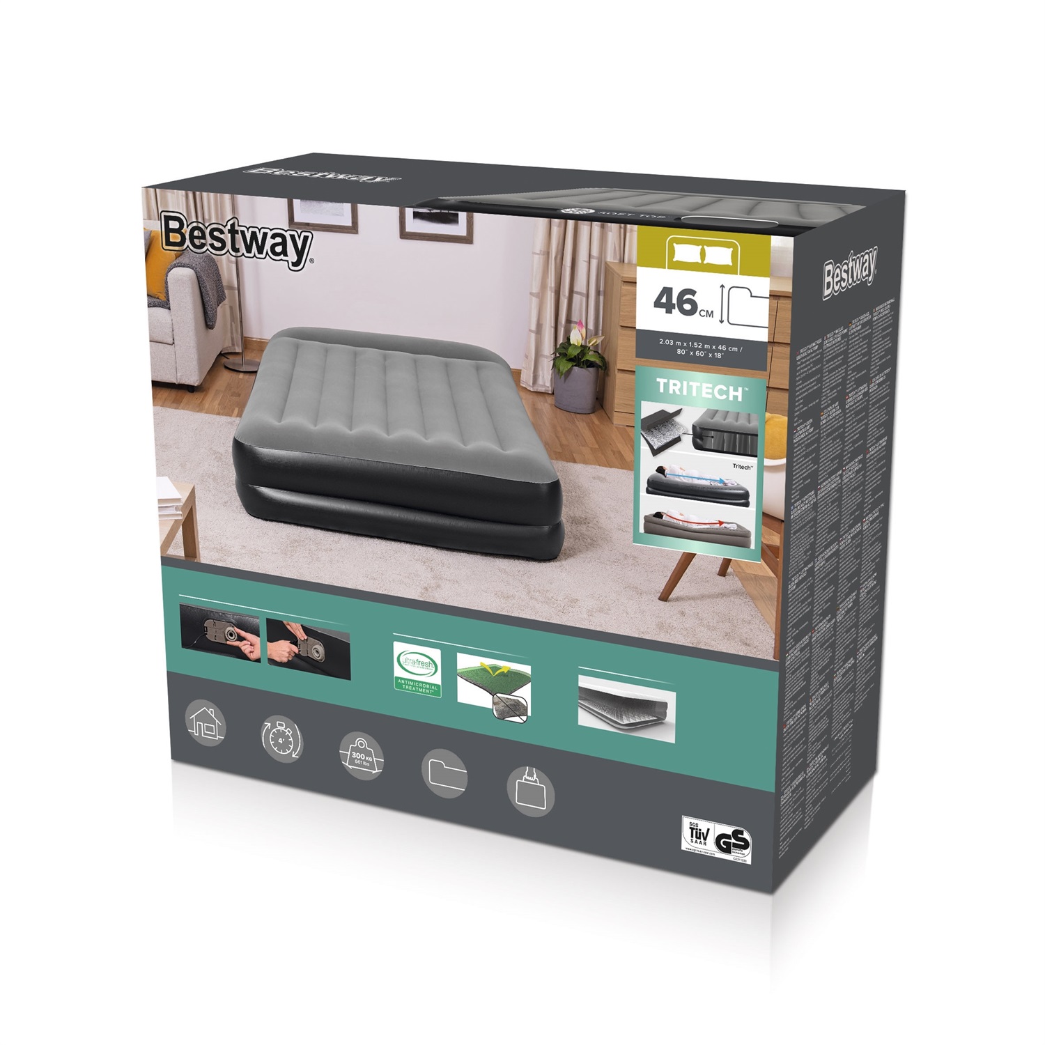 Bestway Materasso Gonfiabile Matrimoniale Tritech con Pompa Integrata e Cuscino - 203 x 152 x 46 cm, Superficie Floccata e Antimicrobica