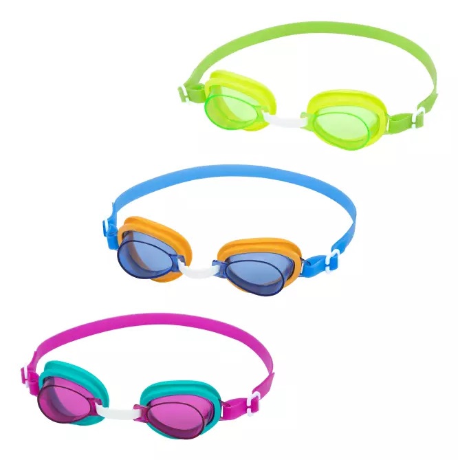 Bestway Occhialini Swimmer 3-6 Anni - Silicone Morbido, Lenti Resistenti UV, Nasello e Archetto Regolabili, 3 Design Diversi
