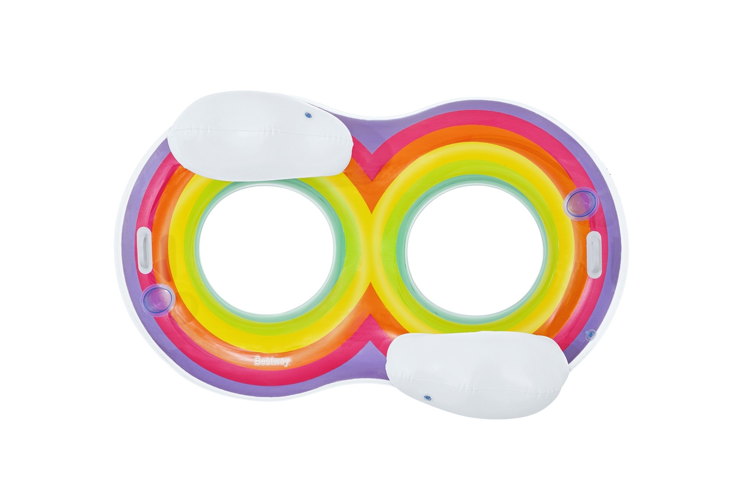 Bestway Ciambella Gonfiabile Doppia Rainbow Dreams 186x116 cm - Design Arcobaleno, 2 Posti, 2 Portabicchieri, Poggia Testa Confortevole