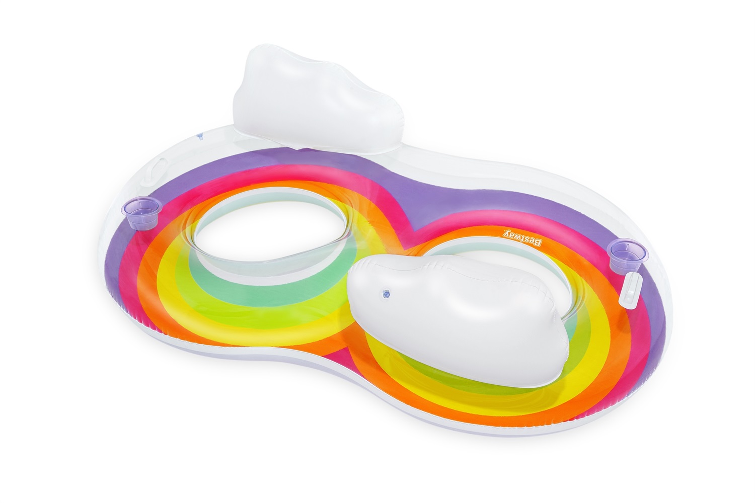 Bestway Ciambella Gonfiabile Doppia Rainbow Dreams 186x116 cm - Design Arcobaleno, 2 Posti, 2 Portabicchieri, Poggia Testa Confortevole