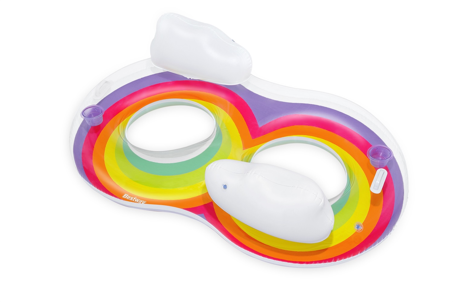 Bestway Ciambella Gonfiabile Doppia Rainbow Dreams 186x116 cm - Design Arcobaleno, 2 Posti, 2 Portabicchieri, Poggia Testa Confortevole